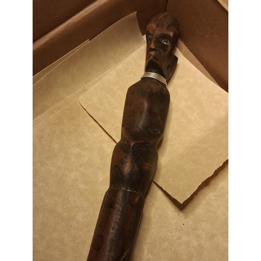VTG Hand Carved African Tribal Wooden Walking Stick Figural Head Spiral 34 inch